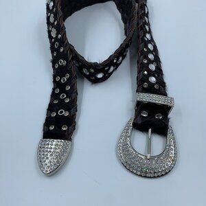 LYZ- Dark Chocolate Hair Calf Belt with Crystal studded Buckle, Keeper & Tab.